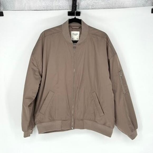 Abercrombie & Fitch Women's Beige Satin Full Zip Bomber Jacket - Size L - Picture 1 of 8
